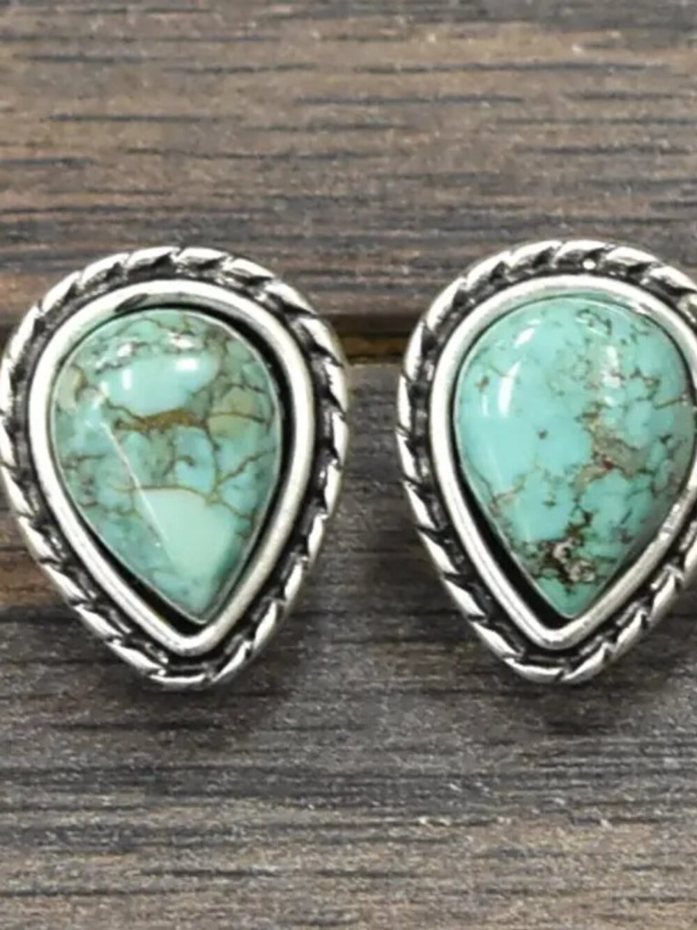 Turquoise Teardrop Stud Earrings Western Boho Southwestern Rodeo Silver Tone